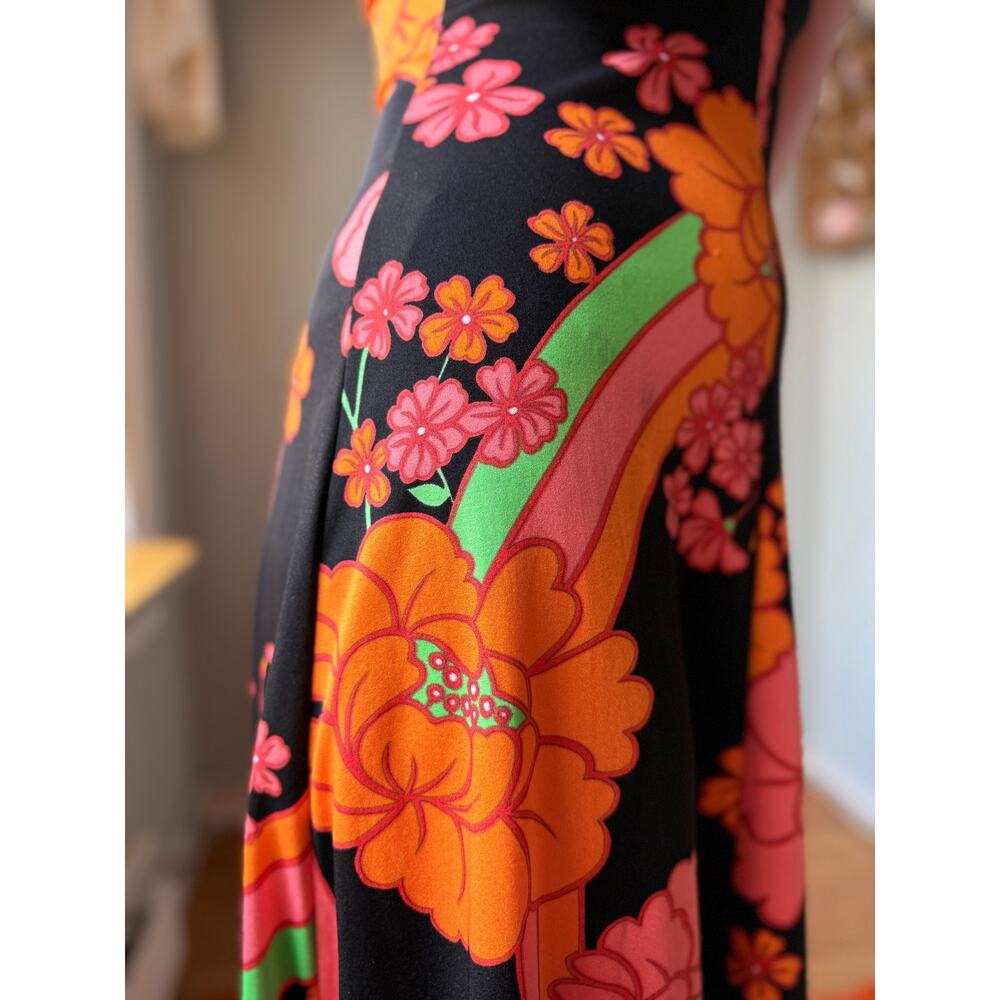 Vintage 60s Floral Maxi Dress | Mod Psychedelic Black Pink Orange Sundress | S - Picture 9 of 10